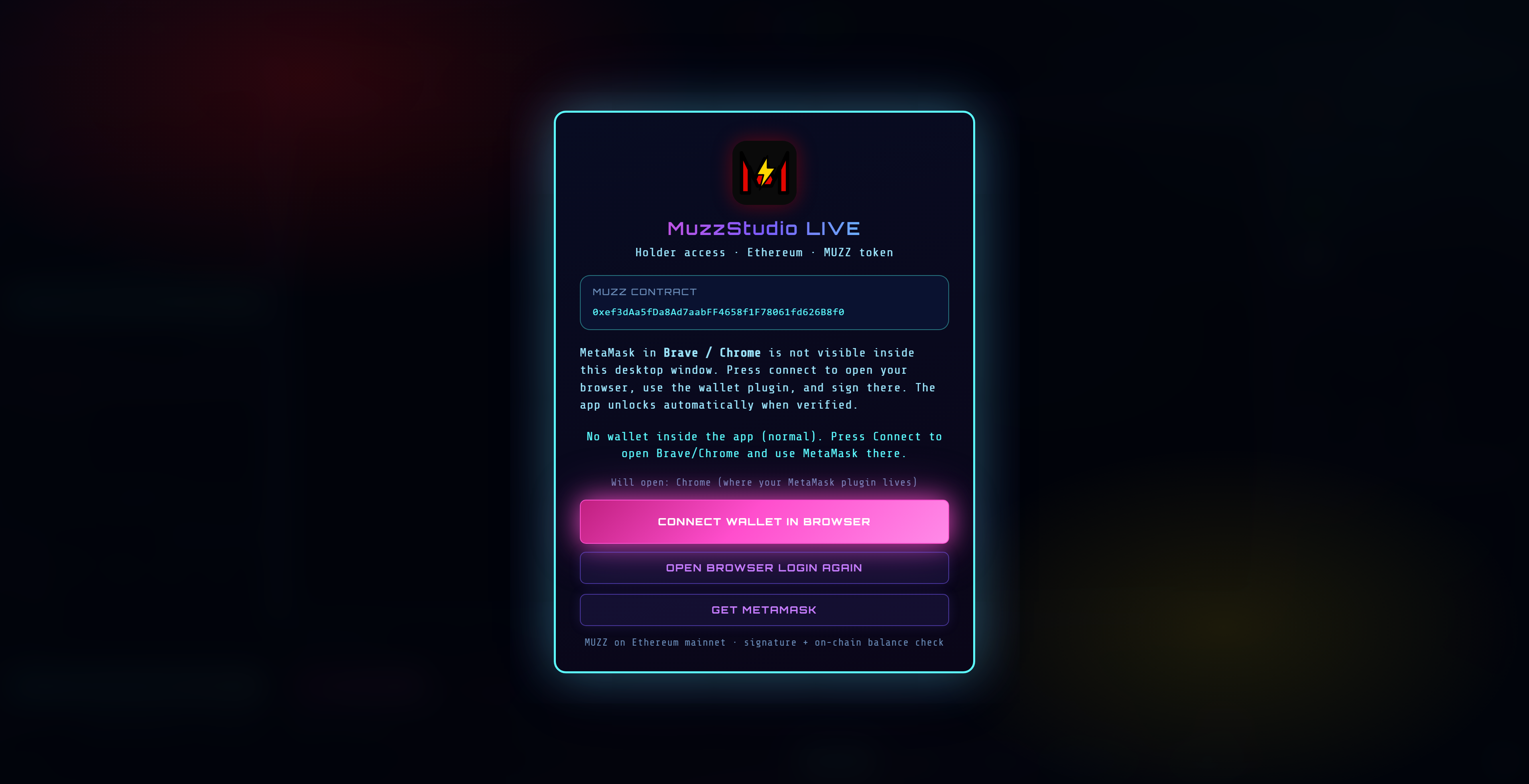 Real MuzzStudio wallet gate — MUZZ holder access