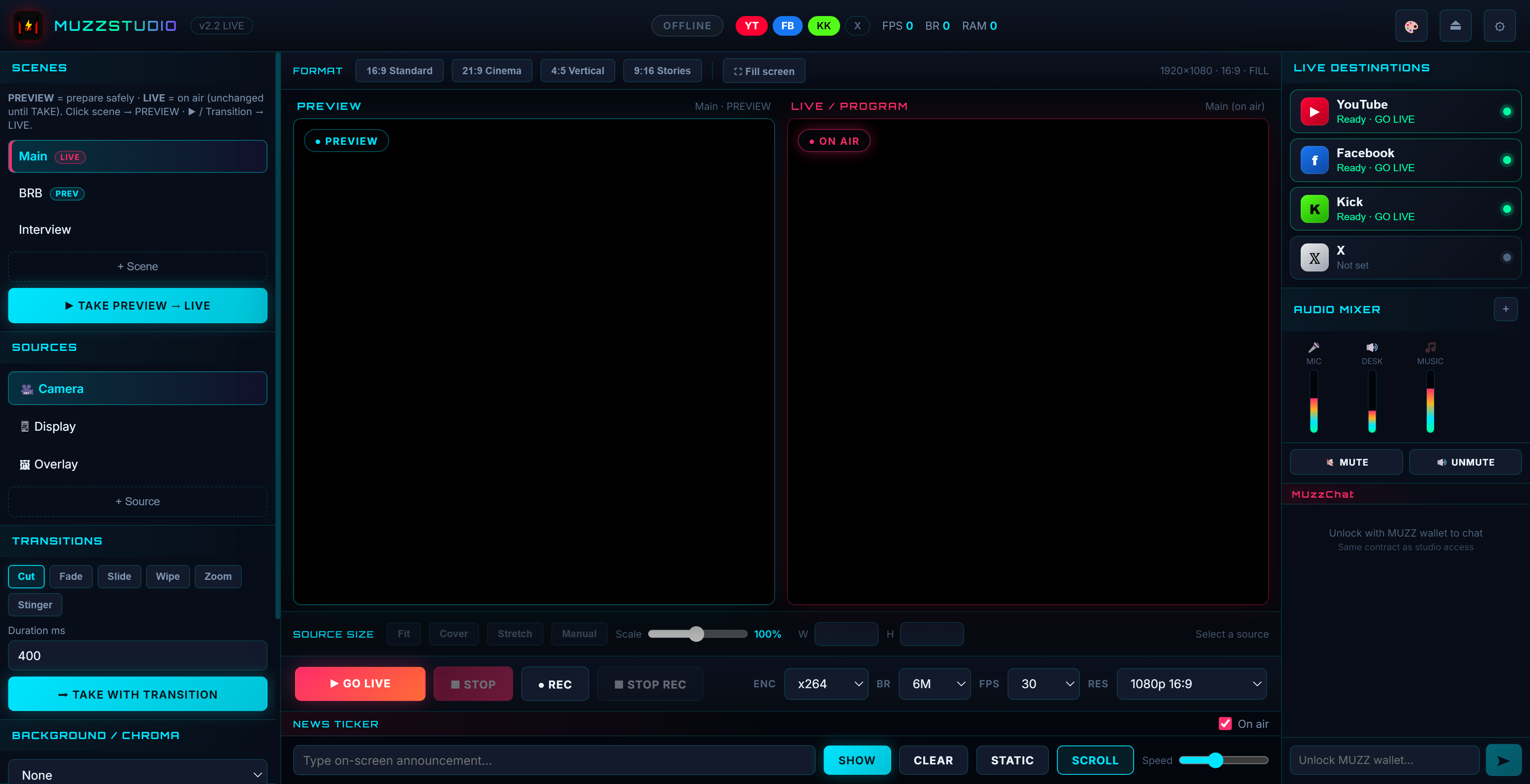 MuzzStudio LIVE real UI — dual PREVIEW and LIVE